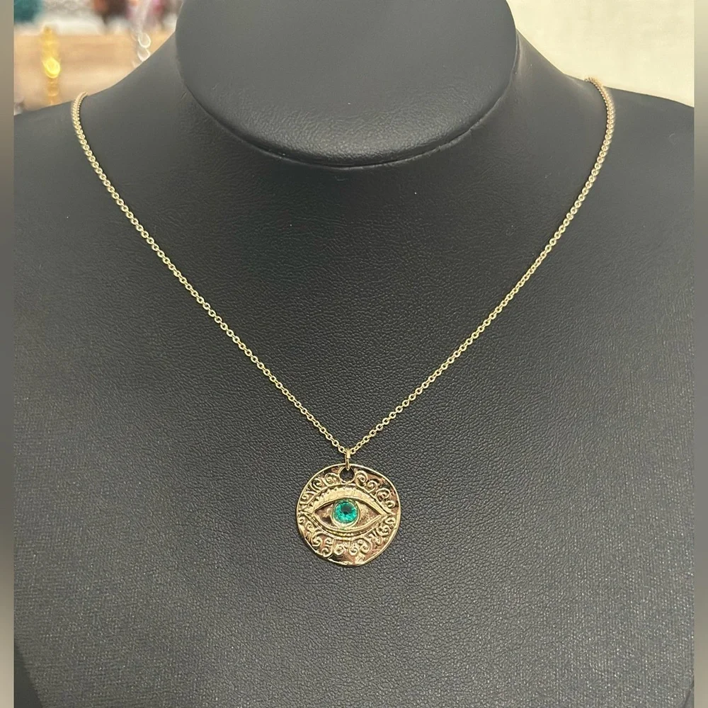 EXPRESS Gold-Tone Evil Eye Pendant Necklace – Teal Glass Center - Picture 4 of 8